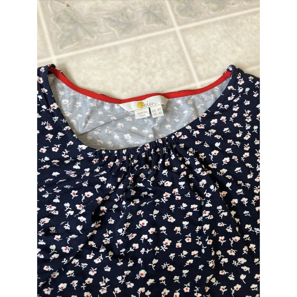 BODEN dress size 4 elastic neck Waist navy Blue Ditzy Print Short Sleeve modest - Picture 5 of 6